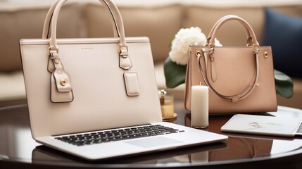 Capture the excitement of adding luxury fashion items to an online shopping cart on a laptop. - obrazy, fototapety, plakaty