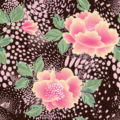 Floral seamless pattern with leaves. Flowers and polka dots flourish texture - 750847452