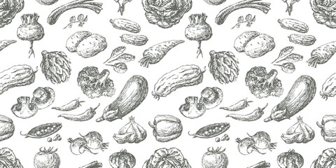 Seamless pattern of sketches various ripe vegetables, vector background for paper,wallpaper - 750847456