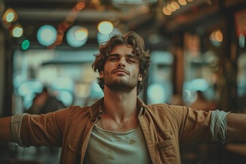 Fototapeta premium Handsome caucasian male model with masculine and expressive pose posing for cinematic portrait shoot