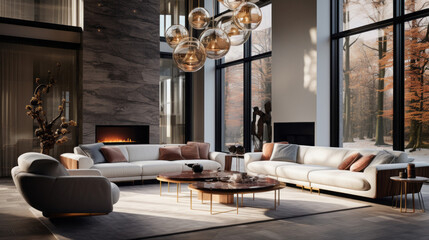 A modern living room featuring a statement lighting fixture that adds a unique flair to the room