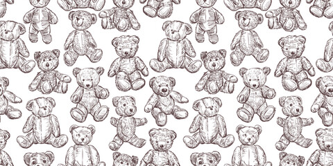 Sketches Teddy bears old toys collection seamless pattern vector childish background wallpaper paper  - 750847625