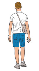 Young casual one city man with smartphone in hand in shorts walking  outdoors on summer day back view vector outline drawing isolated on white - 750847886