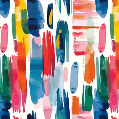 A colorful abstract painting featuring a blend of vibrant hues and dynamic shapes set against a clean white backdrop, creating a striking visual contrast.