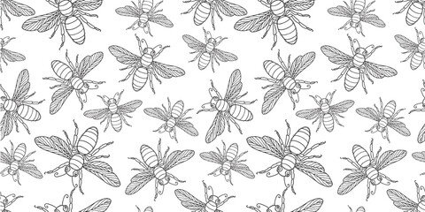 Flies cartoon decorative outlines seamless vector pattern, black and white background, paper, wallpaper,textile - 750848010