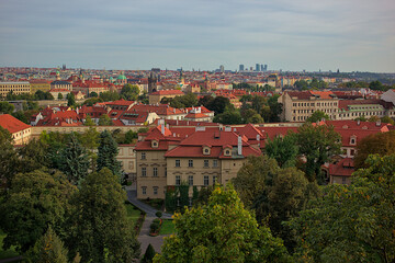 Panoramic view of the city of Prague from the observation deck. Streets and architecture of the old...