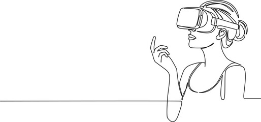 continuous single line drawing of woman wearing VR headset, line art vector illustration