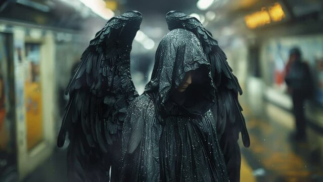 The hidden dark angel with wings in the underpass