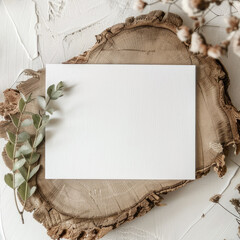 Mockup with blank greeting card in boho style, Empty place, Flat lay, top view