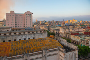 Paseo del Prado aerial view with modern skyscrapers in Vedado with the morning light in Havana,...