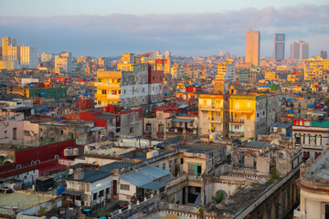 Central Havana (Centro Havana) aerial view with modern skyscrapers in Vedado with the morning light in Havana, Cuba. Old Havana is a World Heritage Site.  - obrazy, fototapety, plakaty