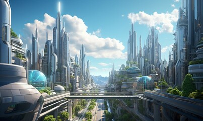 Fototapeta na wymiar Futuristic cityscape with towering growth engines