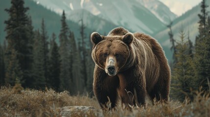 Majestic grizzly bear stands tall, forepaw with sharp claws extended, carefully observing its surroundings. Captures the power and natural beauty of North American wildlife in its habitat