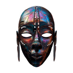 African  totem voodoo mask. Fluid, holographic, metallic, gradient colors on transparent background