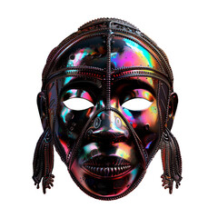 African  totem voodoo mask. Fluid, holographic, metallic, gradient colors on transparent background