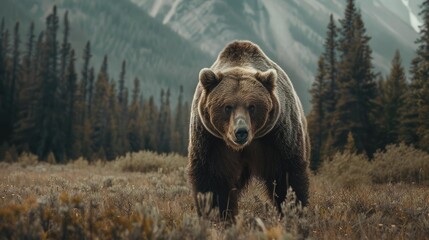Majestic grizzly bear stands tall, forepaw with sharp claws extended, carefully observing its surroundings. Captures the power and natural beauty of North American wildlife in its habitat