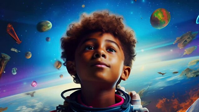 Astronomy lesson child kid in cosmonaut suit watching flying planets. Knowledge education concept
