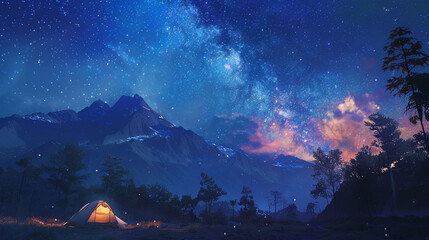 Adventurous souls enjoying a serene camping night under a star filled sky surrounded by untamed nature - obrazy, fototapety, plakaty
