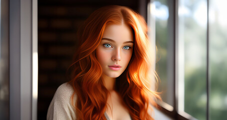 Beautiful ginger girl, closeup face. Beautiful brunette woman, portrait closeup. Face of young woman with blue eyes and red hair. Beauty face. Model girl with curly hairstyle. Woman face close up.