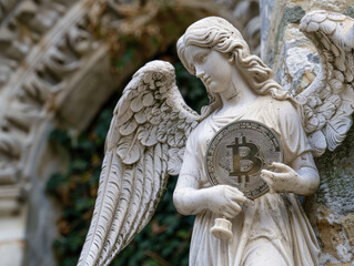 inspired angel statue holding a Bitcoin intricate wings detailed against a stone church backdrop