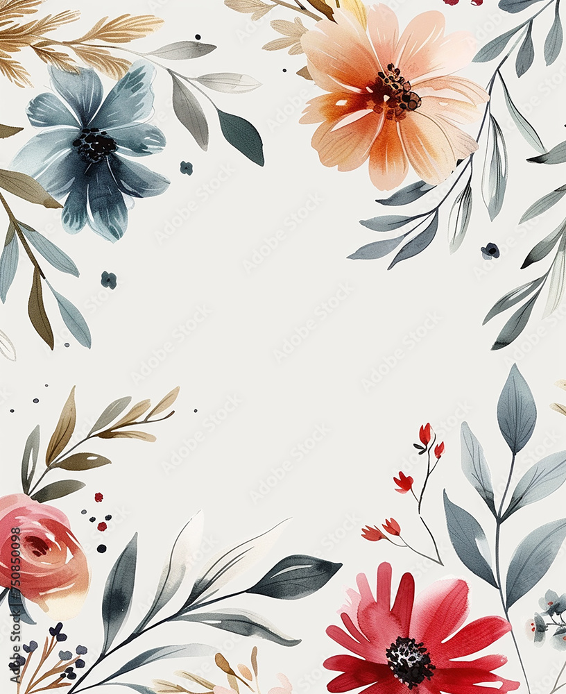 Canvas Prints A colorful flowery border with a white background. The flowers are red, blue, and yellow