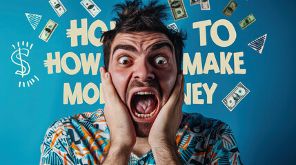 man with mouth opened solid color background shot in studio with graphic comic and a funny in the style of large canvas sizes