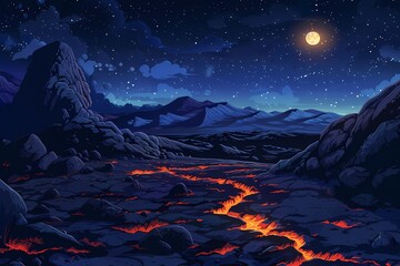 Night alien planet space landscape with rocks and lava - obrazy, fototapety, plakaty