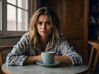 Tired woman drinking big cup of coffee