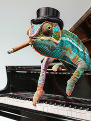 photo of a beautiful vibrant colored chameleon with a cigar in his mouth and wearing a silk black top hat and a bowtie sitting at a baby grand piano on a white background