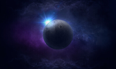 Moon, bright blue radiance of stars in space and planet, abstract space 3d illustration, background