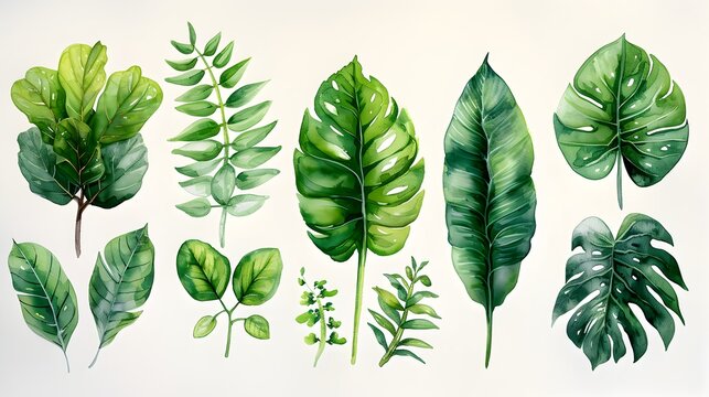 Set of Watercolor Tropical spring green leaves
