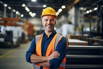  Smiling european man at work in a factory. Worker recruitment. Job offer. Work in industry. Jobs in a factory. Factory in Europe.