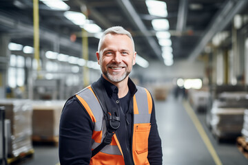  Smiling european man at work in a factory. Worker recruitment. Job offer. Work in industry. Jobs in a factory. Factory in Europe.