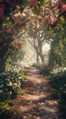 A forest path lined with blooming flowers and fresh green leaves, sunlight filtering through the trees