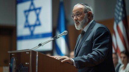 A portrait of a Jewish American community leader, speaking at a cultural event, with a backdrop of the American and Israeli flags, engaging the audience with a message of unity and heritage - obrazy, fototapety, plakaty