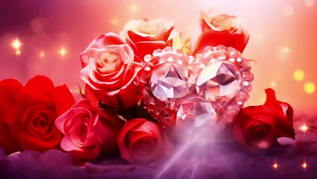 A heart shaped diamond stone with beautiful pink roses laying flowers on shining sparkling bokeh background. Love romantic concept