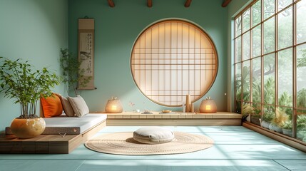 a room with a round window and a couch