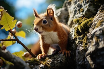 Obraz premium Agile squirrel climbing tree on sunny day., generative IA