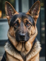 Portrait of a German Shepherd dog, close-up of the beautiful pet on a neutral blurred background