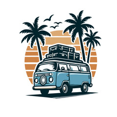 camper van with luggage and palm tree- vacation, travel destination, summer holiday concept