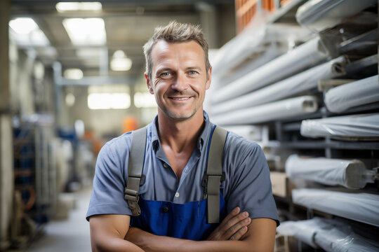  Smiling european man at work in a factory. Worker recruitment. Job offer. Work in industry. Jobs in a factory. Factory in Europe.