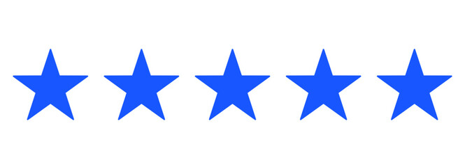 Five flat blue stars isolated on a transparent background – Five stars for product reviews or ratings, apps, and more - obrazy, fototapety, plakaty