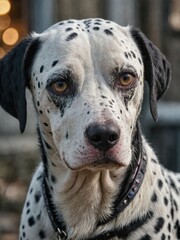 Portrait of a Dalmatian dog, close-up of the beautiful pet on a neutral blurred background