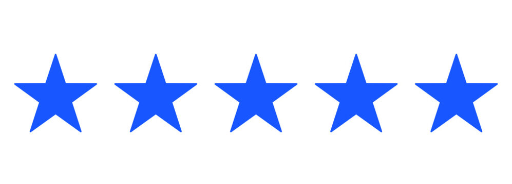 Five flat blue stars isolated on a transparent background – Five stars for product reviews or ratings, apps, and more