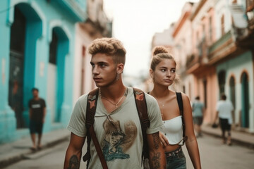 Fototapeta premium Urban Exploration: Young Couple Walking Through City Alley