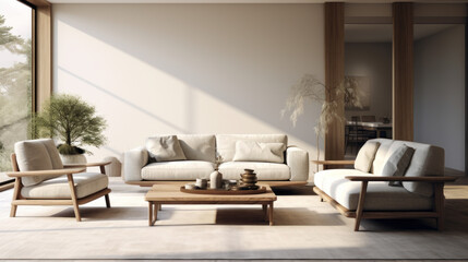 A modern living room with customizable furniture, adorned with a plush armchair and a low-profile coffee table