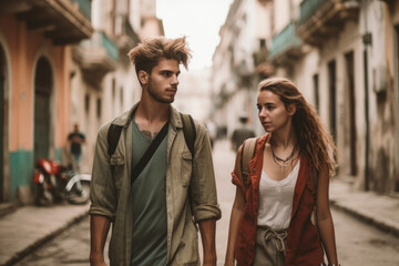 Obraz premium Urban Exploration: Young Couple Walking Through City Alley