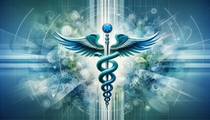 Abstract medical background with caduceus medical symbol. - obrazy, fototapety, plakaty