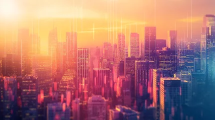 Zelfklevend Fotobehang A digital representation of a futuristic city skyline in warm hues, providing a sleek and colorful backdrop for mockups. © Captured Moments.Co