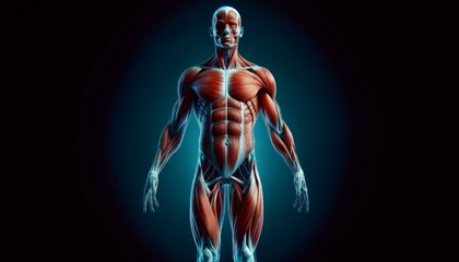 Ultra-photorealistic illustration showcasing the full-body human muscular system with an X-ray effect against a dark blue background. - obrazy, fototapety, plakaty